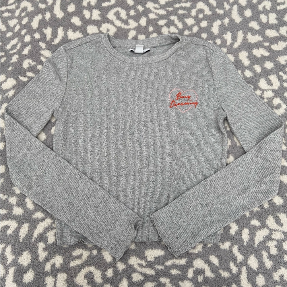 TOPSHOP GREY LONG SLEEVE CROPPED GRAPHIC TEE SIZE 4-6